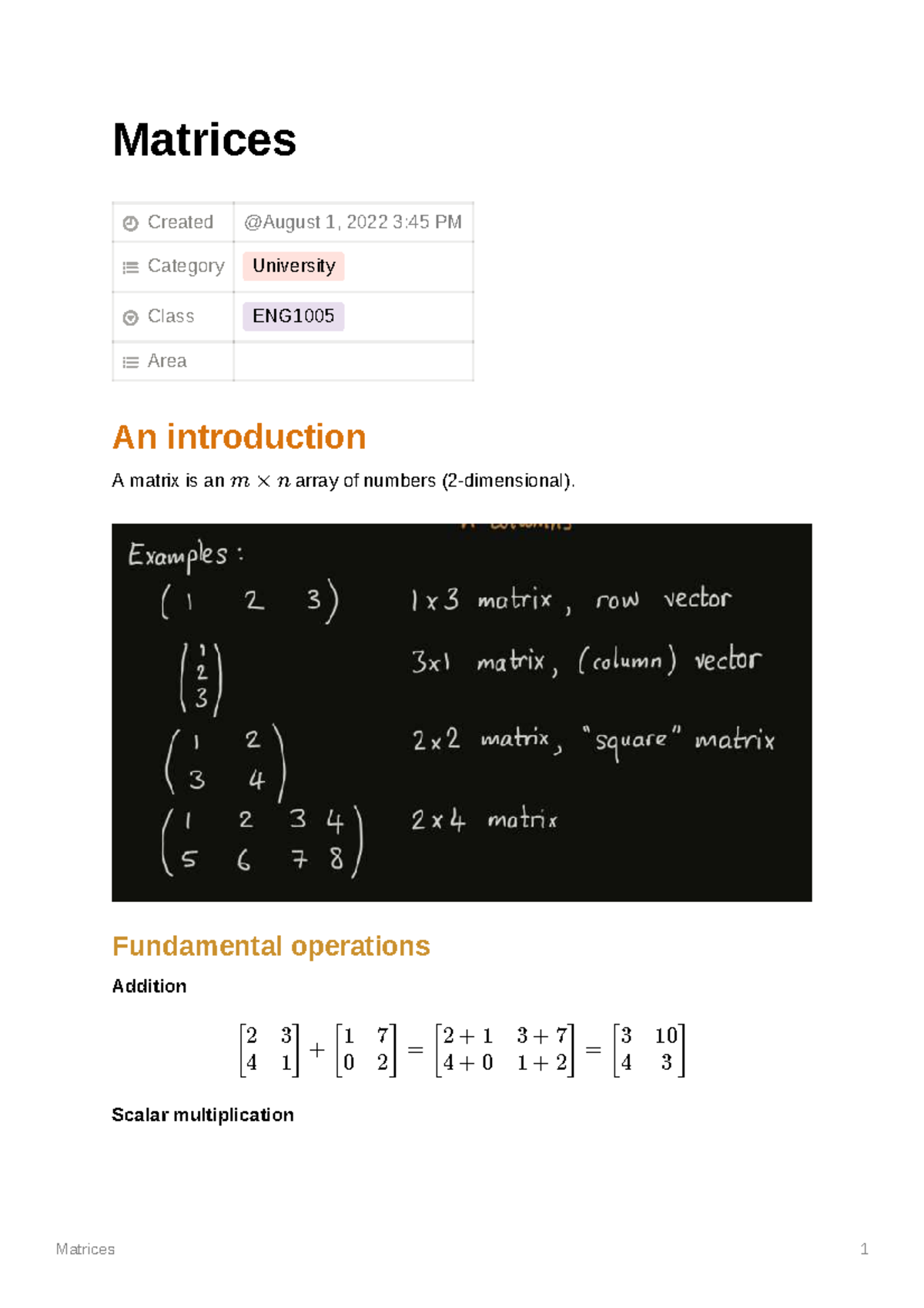 ENG1005 Lecture Notes: Introduction to Matrices and Operations - Studocu
