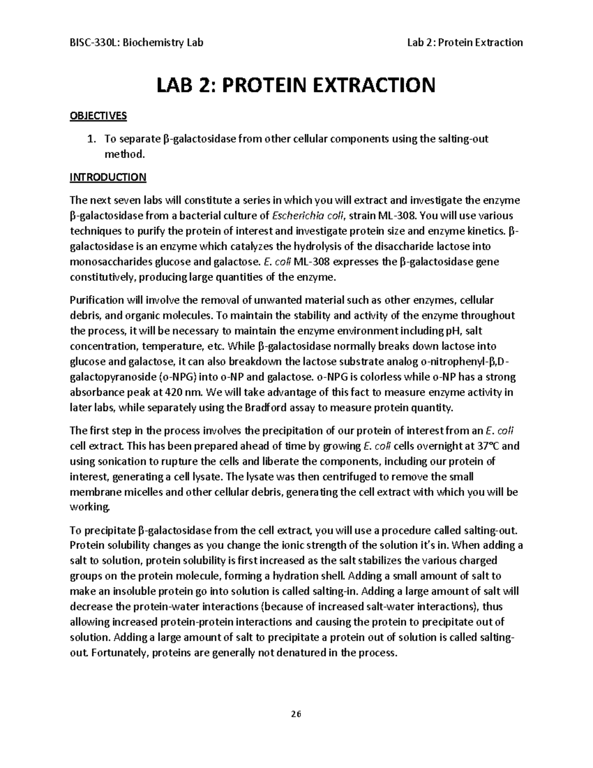 Lab 2-6 - Labs - BISC-330L: Biochemistry Lab Lab 2: Protein Extraction ...