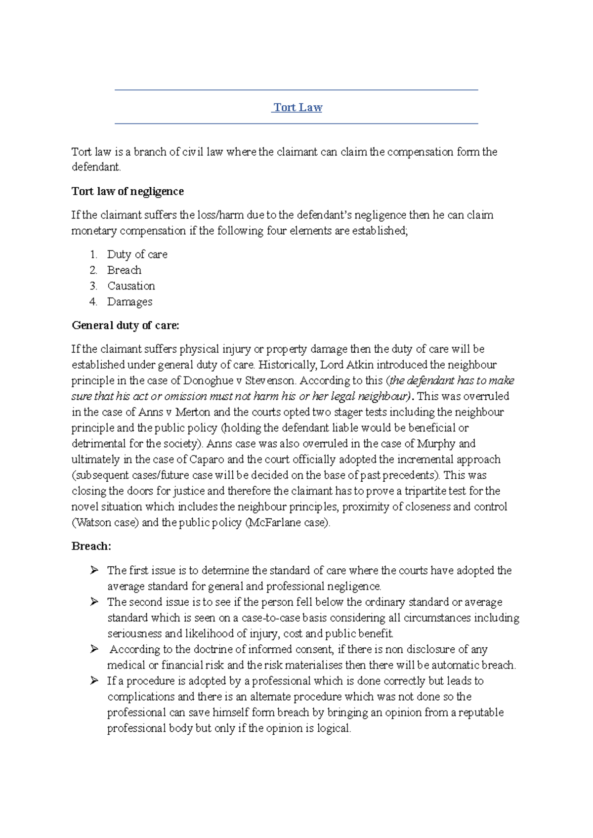 Tort Law Notes (LAW101): Key Concepts and Case Analysis - Studocu
