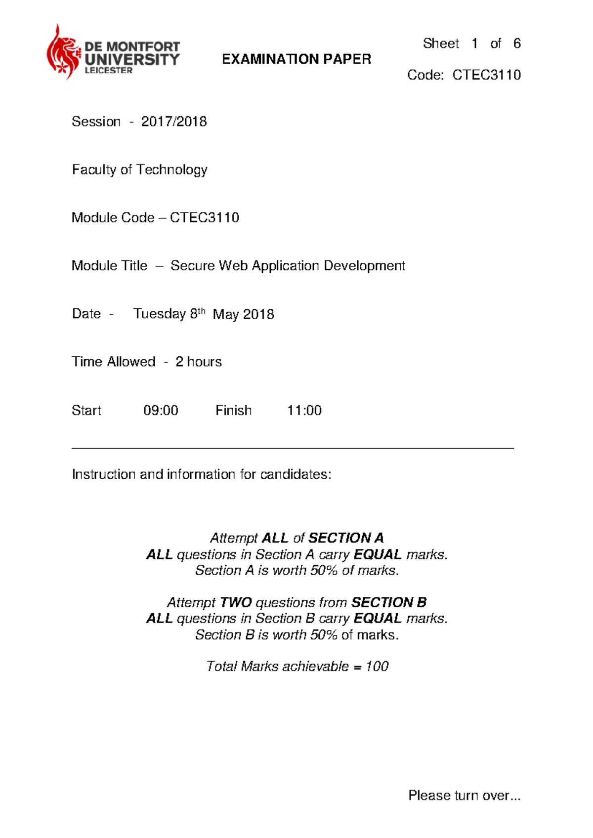 CTEC3110 2018 Exam - Sheet 1 of 6 EXAMINATION PAPER Code: CTEC Session ...