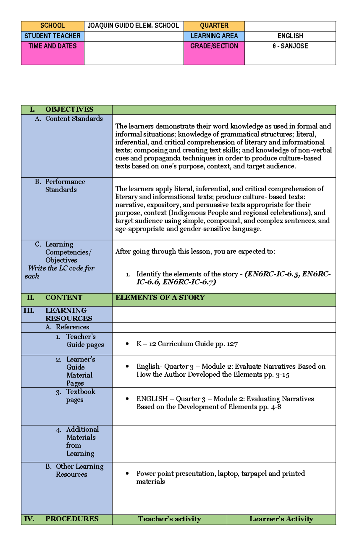 DLP Template: English 6 Lesson on Elements of a Short Story - Studocu