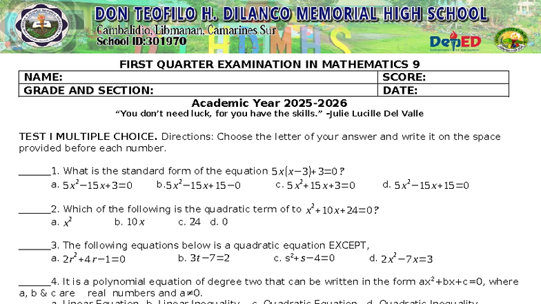 1st Quarter Exam in Math 9: Multiple Choice Questions - Studocu