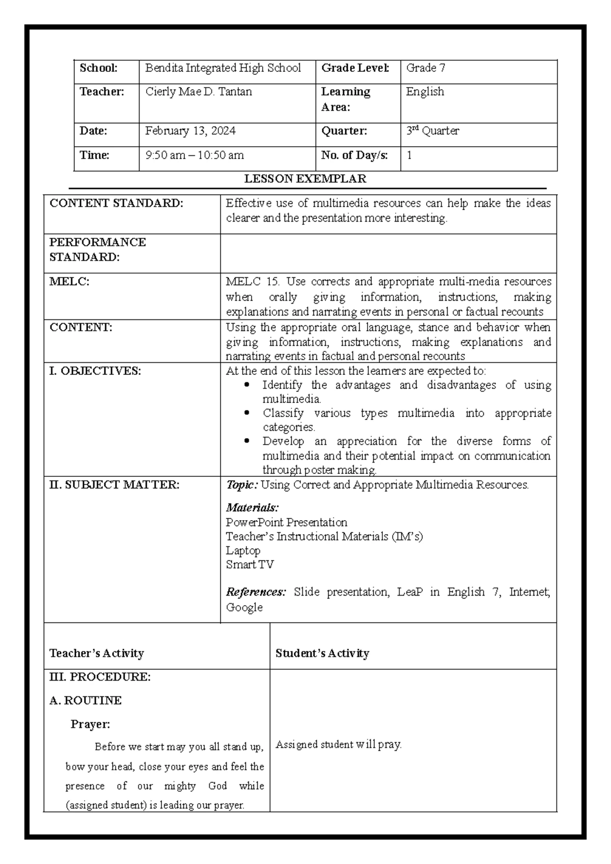 FEB 5 LP - Detailed Lesson Plan for Grade 7 English (3rd Quarter) - Studocu