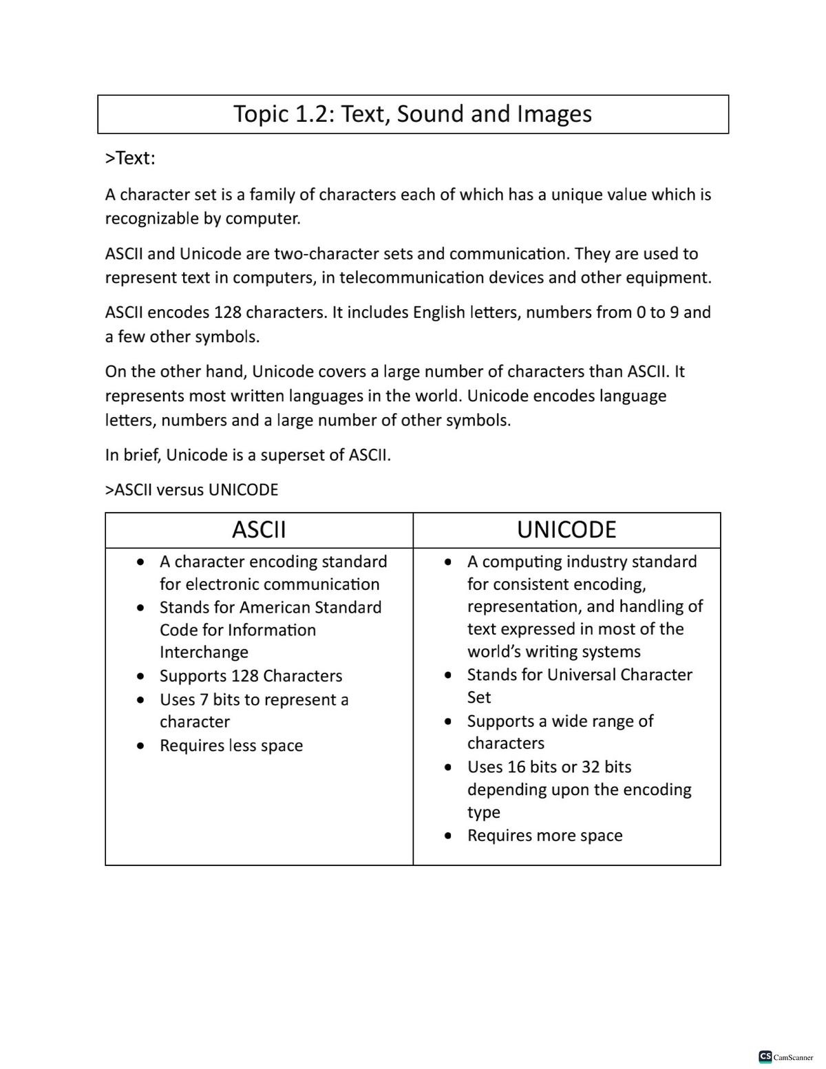CS: Topic 1.2 - Text, Sound, and Images Overview Notes - Studocu