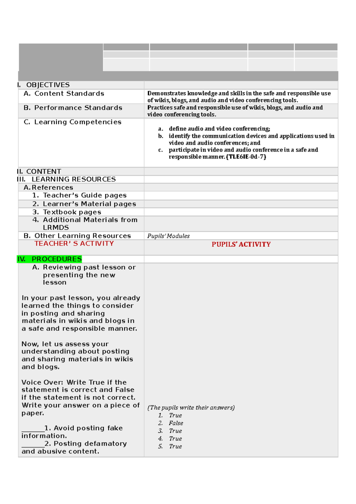 Sample Lesson Plan for TLE 6: Safe Use of Audio/Video Tools - Studocu
