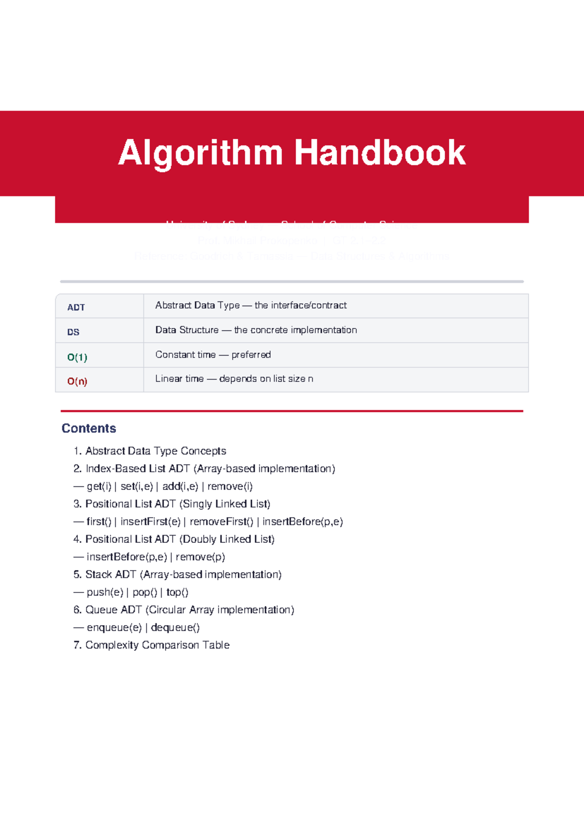 Algorithm Handbook: Data Structures & ADTs (COMP Sci) - Studocu