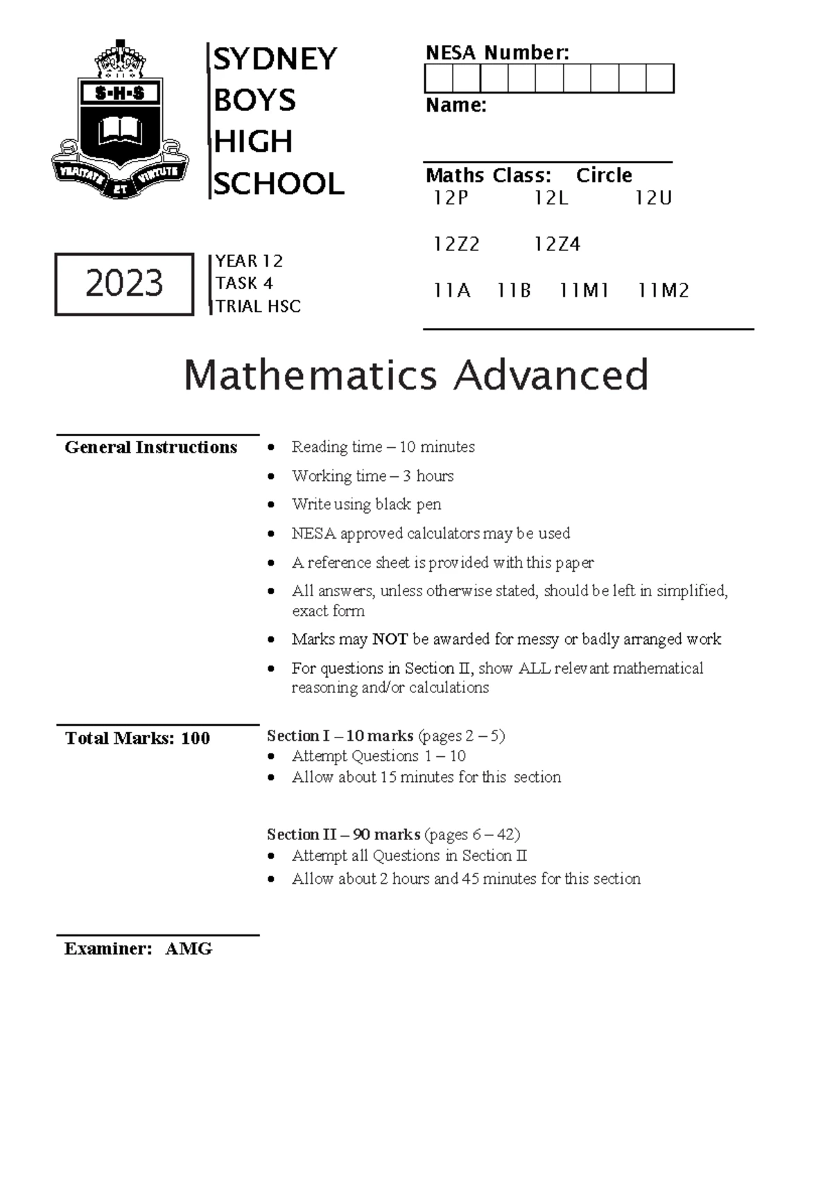 2023 Advanced Mathematics TRIAL EXAM SOLUTIONS & MARKING GUIDELINES ...