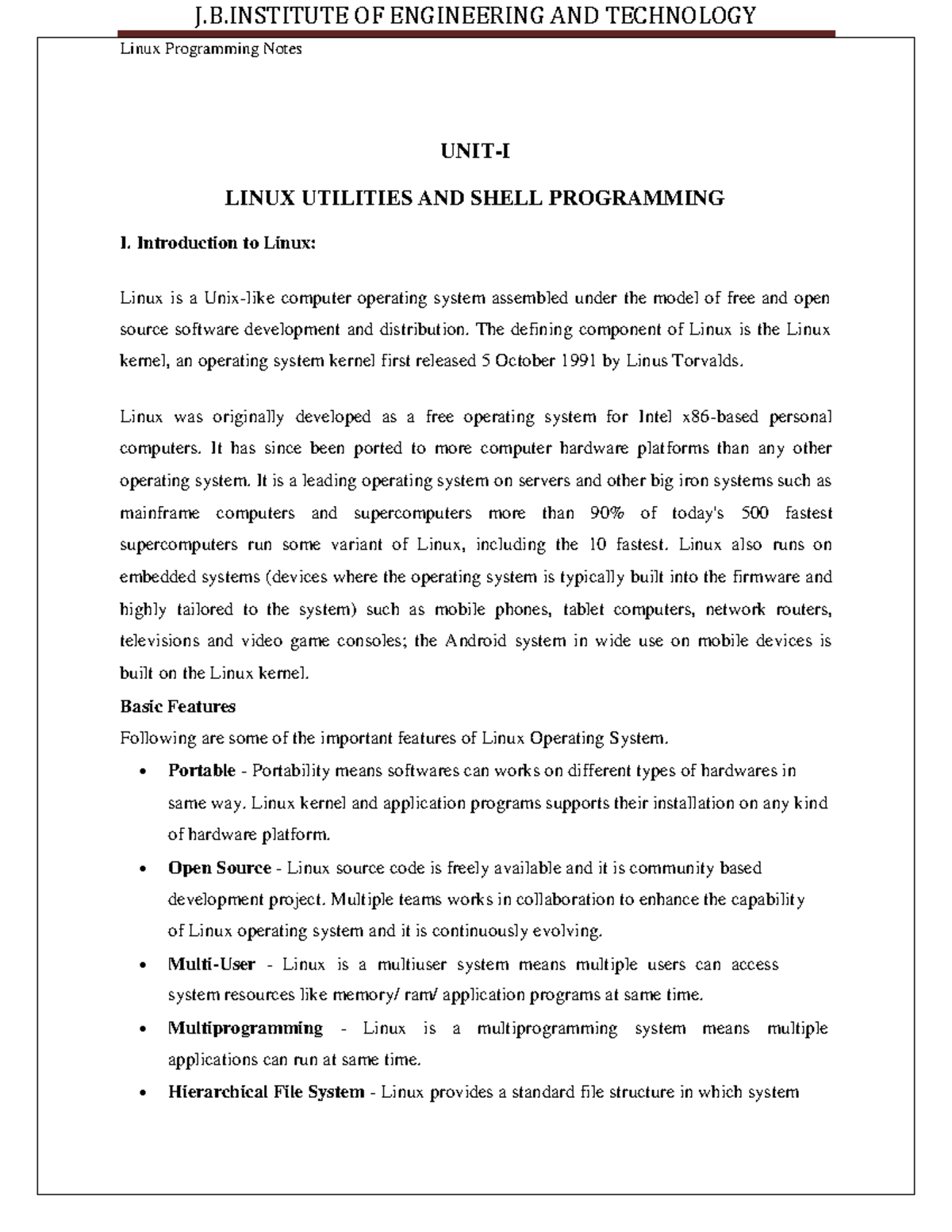 Linux - JLJON - Linux Programming Notes UNIT-I LINUX UTILITIES AND ...