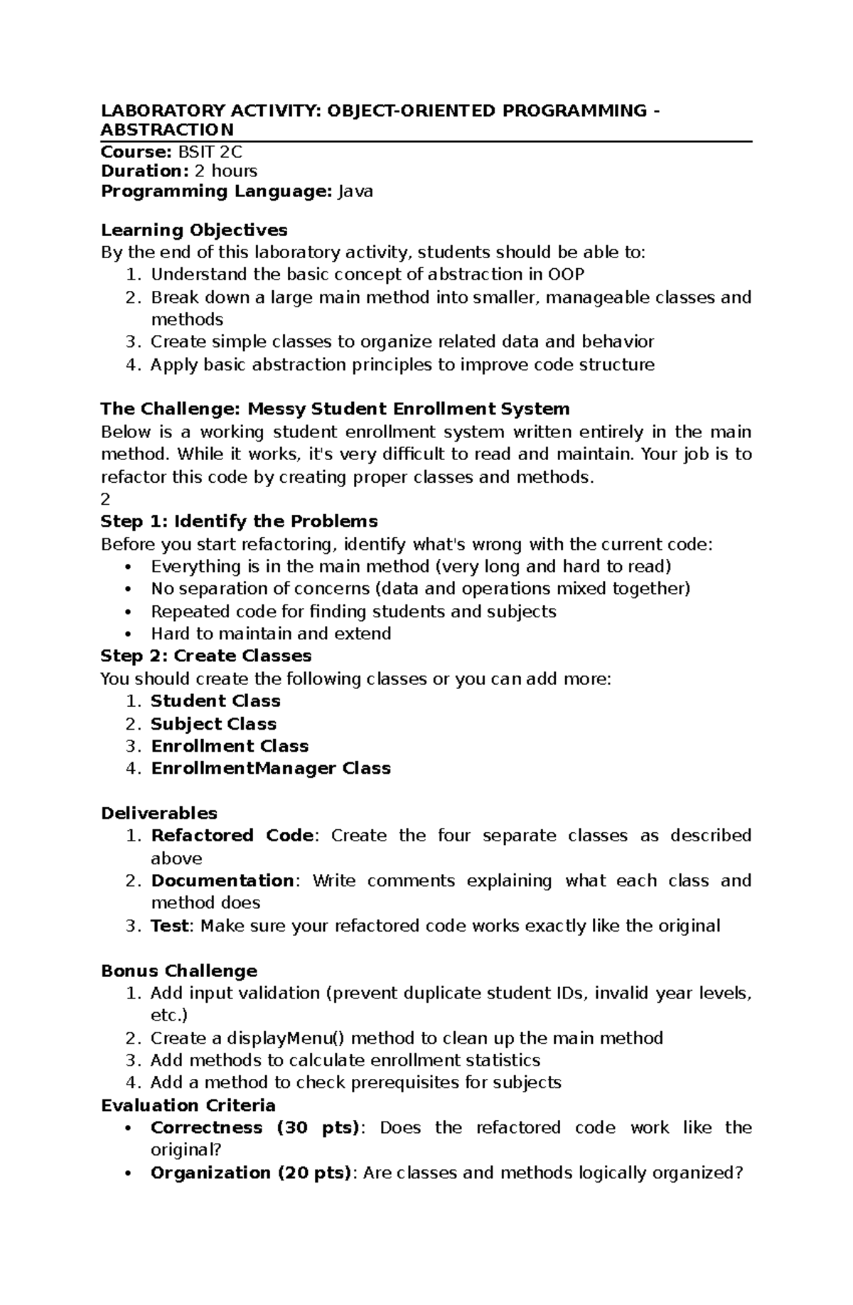 Laboratory Activity: Programming Abstraction (BSIT 2C) - Studocu