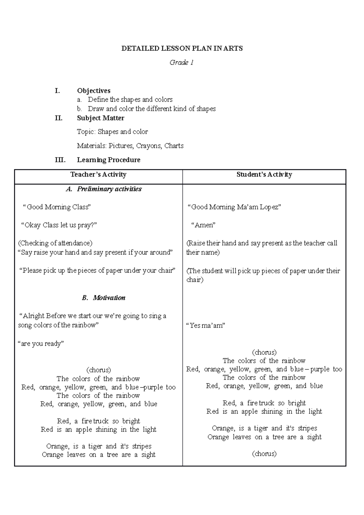 Detailed Lesson Plan in Arts for Grade 1: Shapes & Colors - Studocu