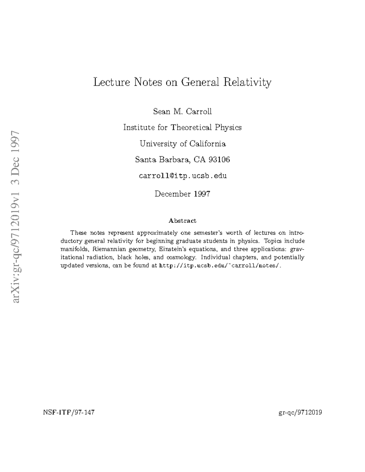 Lecture Notes on General Relativity (Phys 8.962) by Sean Carroll - Studocu