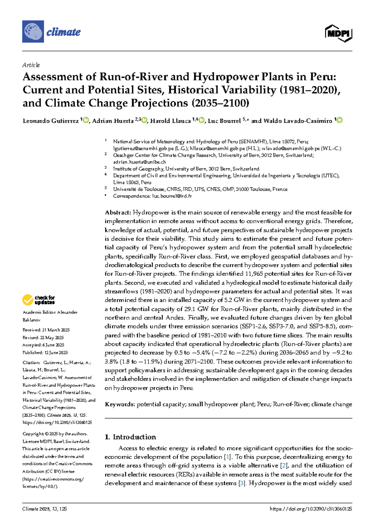 Assessment of Hydropower Plants in Peru: Current and Future Potential ...