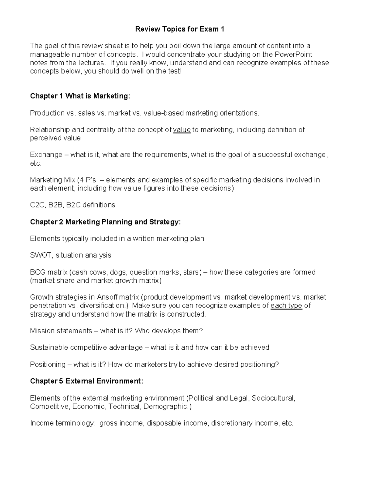 Review Topics for MKT 101 Exam 1: Key Concepts and Strategies - Studocu