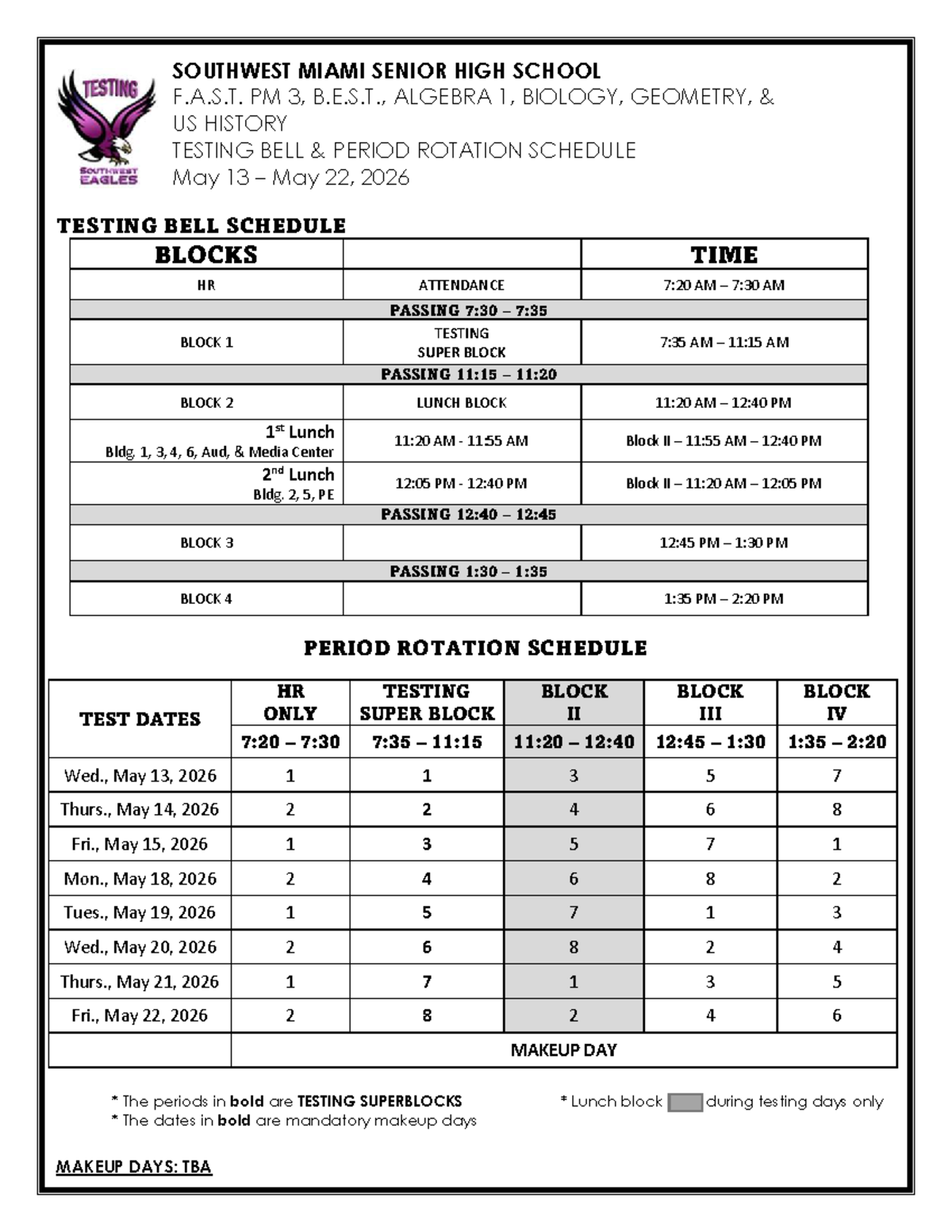 EOC Testing Bell & Rotation Schedule Spring 2026 - Studocu