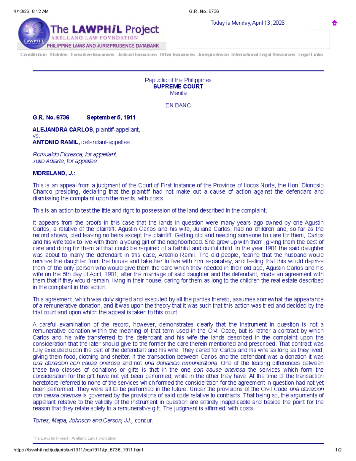 G.R. No. 6736 - Supreme Court Case Analysis on Land Ownership - Studocu