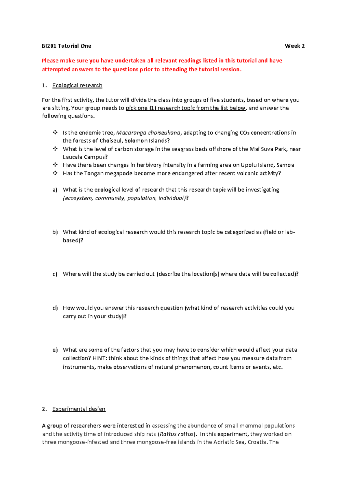 BI201 Tutorial 1: Week 2 Lab Instructions and Research Topics - Studocu