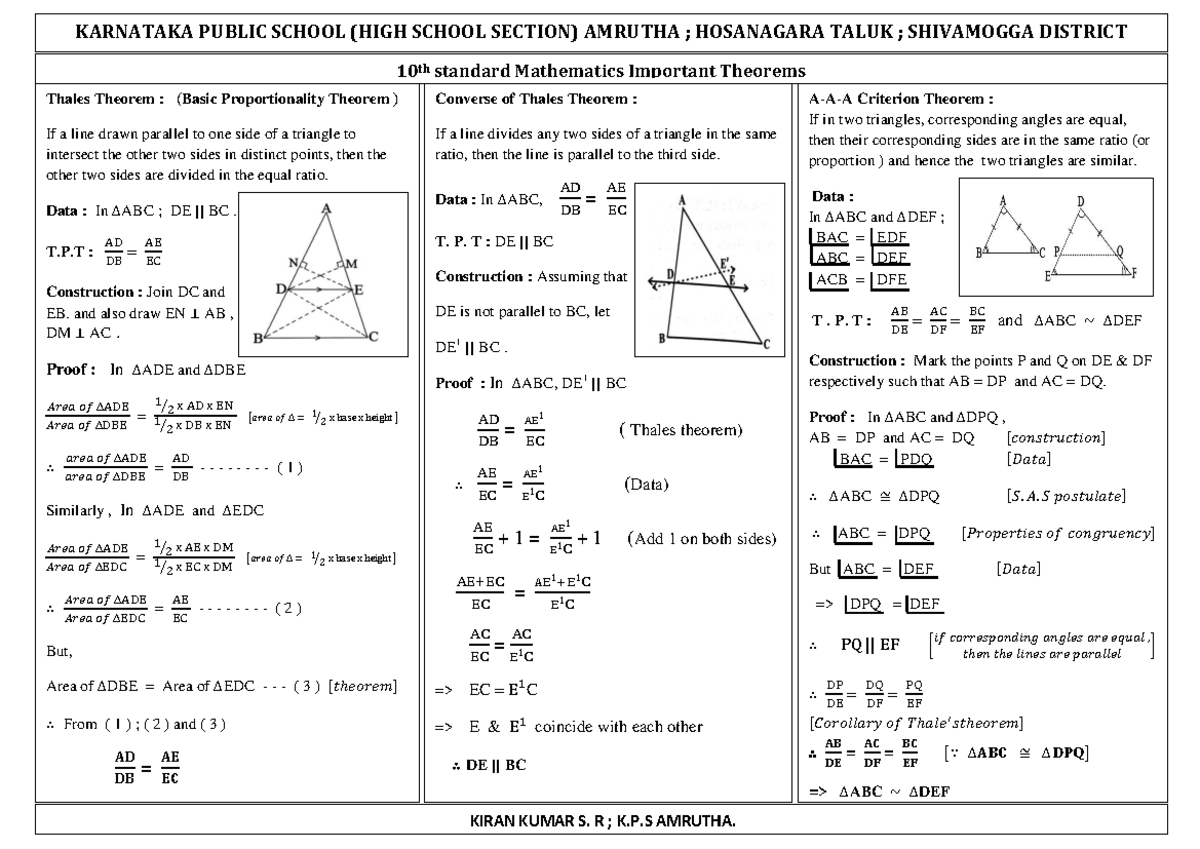 10th standard mathematics important theorems (E.M) - SRK - Studocu