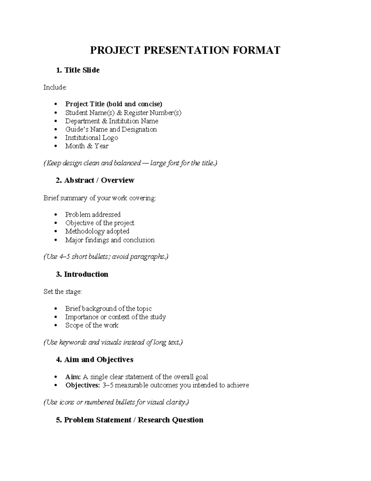 PROJECT PRESENTATION FORMAT: Guidelines for Effective Delivery - Studocu