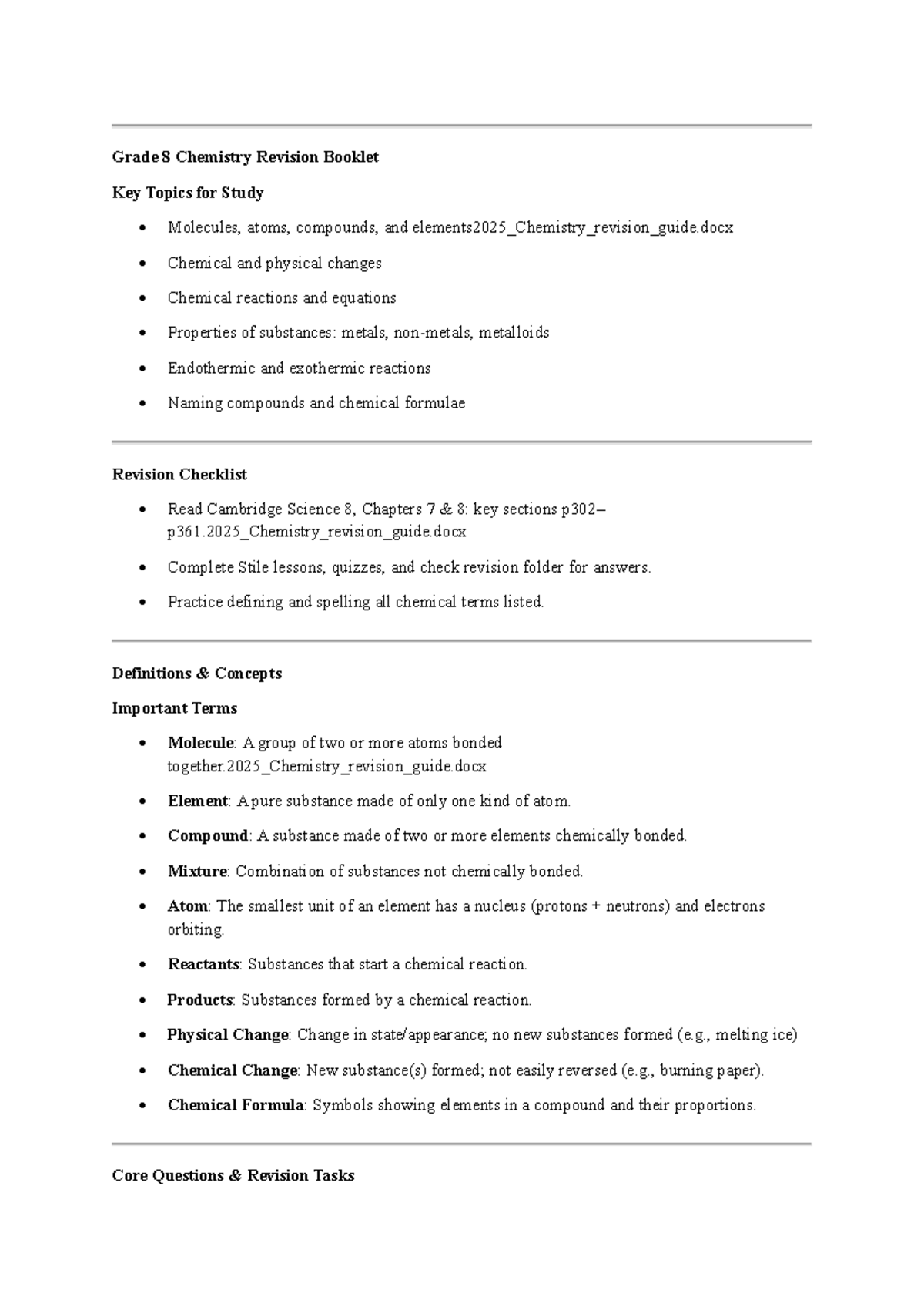 Grade 8 Chemistry Revision Guide: Key Topics & Concepts - Studocu
