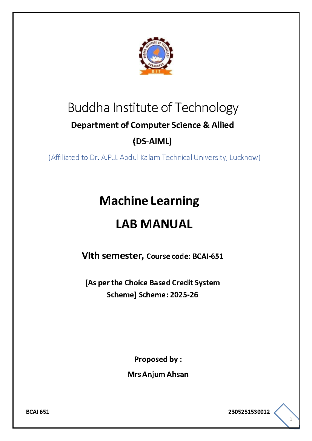 BCAI 651 Machine Learning Lab Manual - VI Semester - Studocu