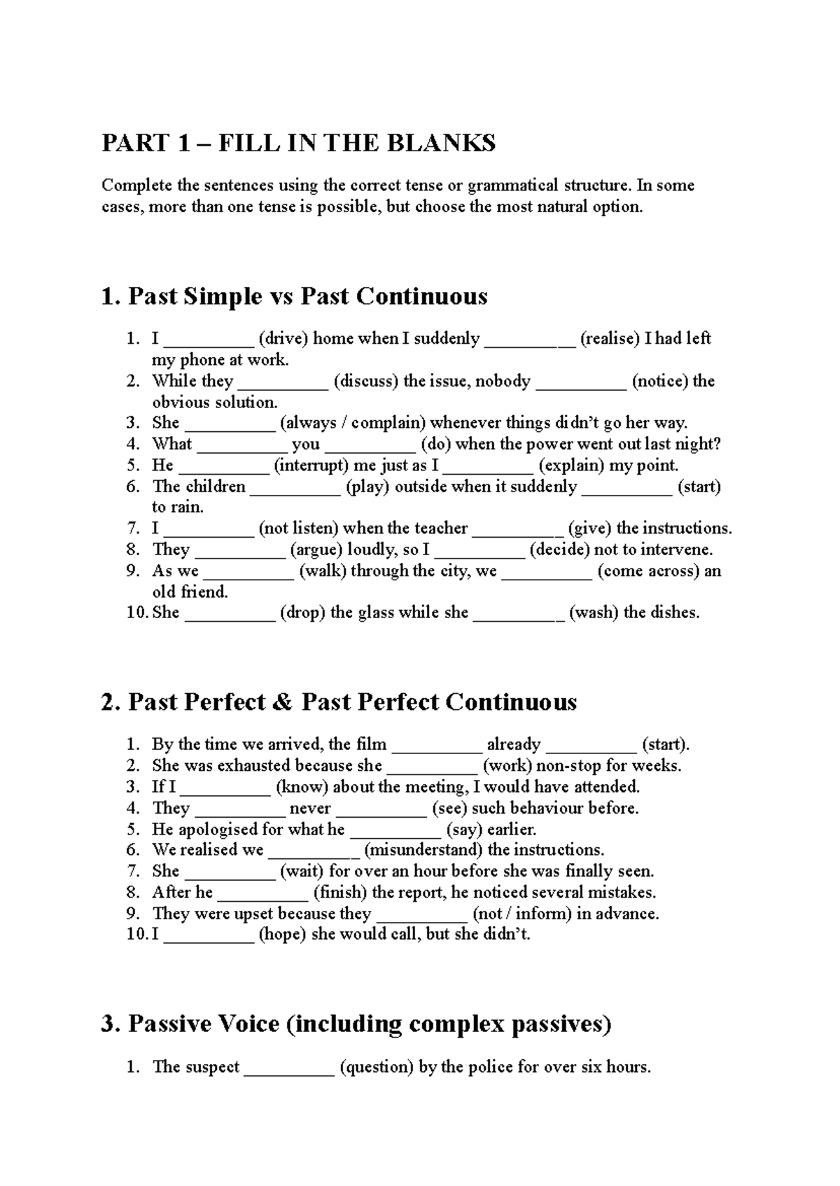 Grammar Revision Exercises for Tenses and Structures (ENG 101) - Studocu