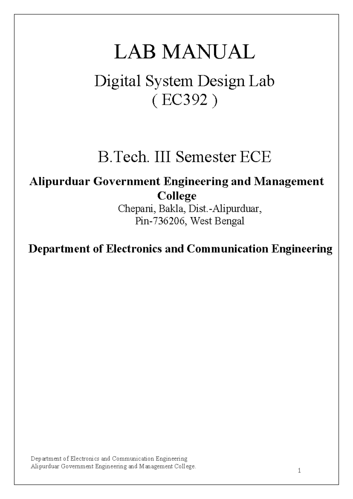 LAB MANUAL Digital System Design Lab (EC392) - B.Tech ECE - Studocu