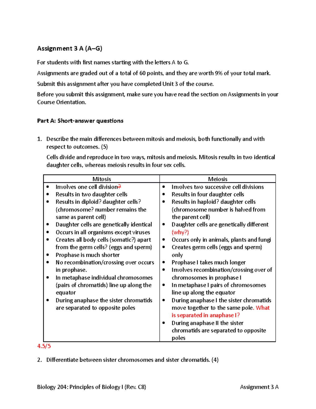 BIOL204 Assignment 3 Grading Feedback for A-G Students - Studocu