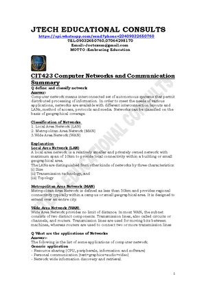 CIT423 Final Exam: Computer Networks and Communication Notes - Studocu