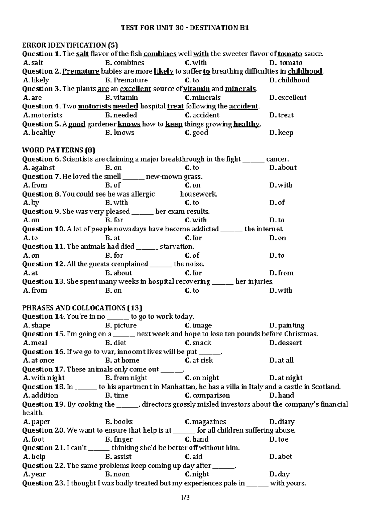 TEST UNIT 30 DESTINATION B1 ERROR IDENTIFICATION QUESTIONS - Studocu