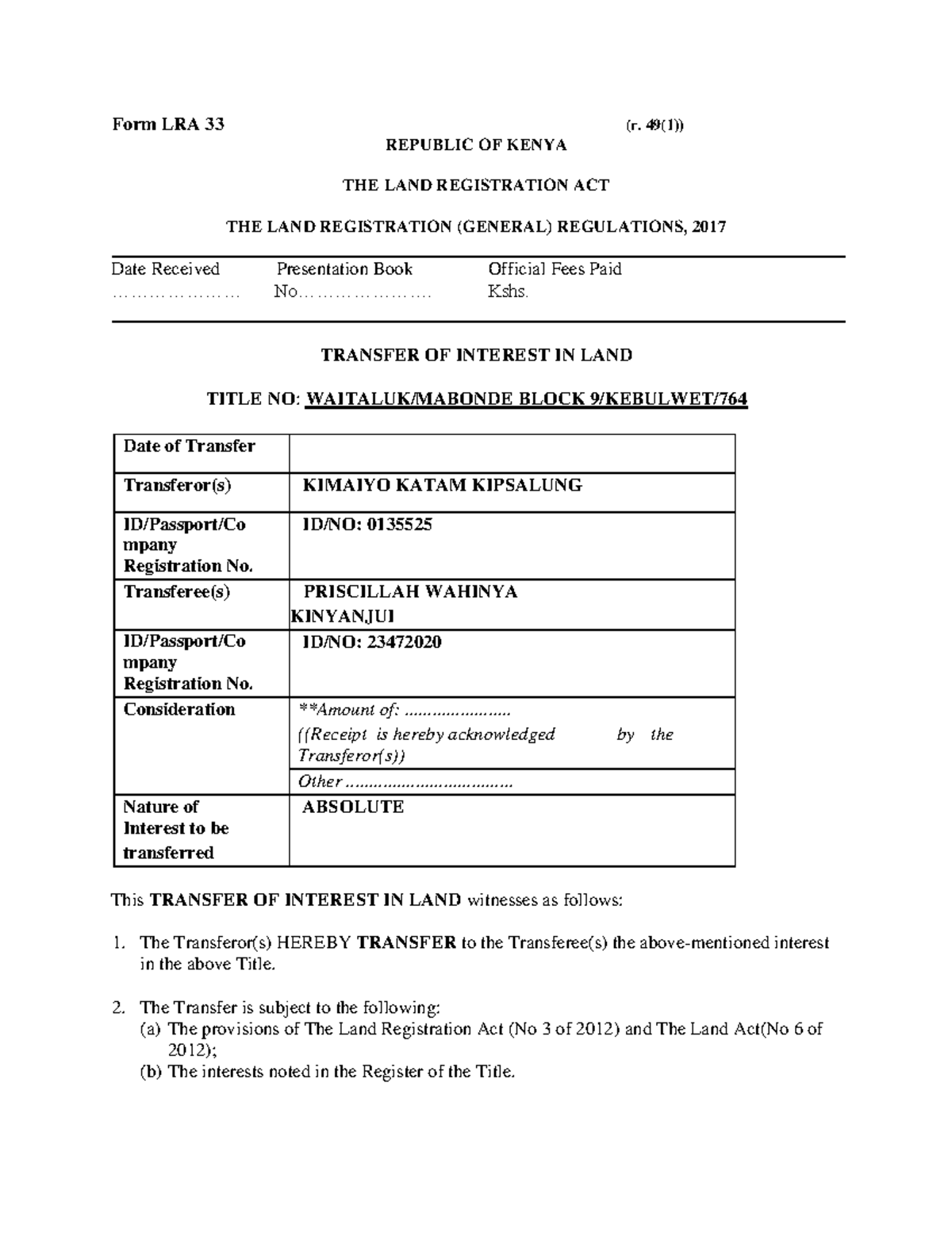 LRA 33 - Transfer of Interest in Land Form and Regulations - Studocu