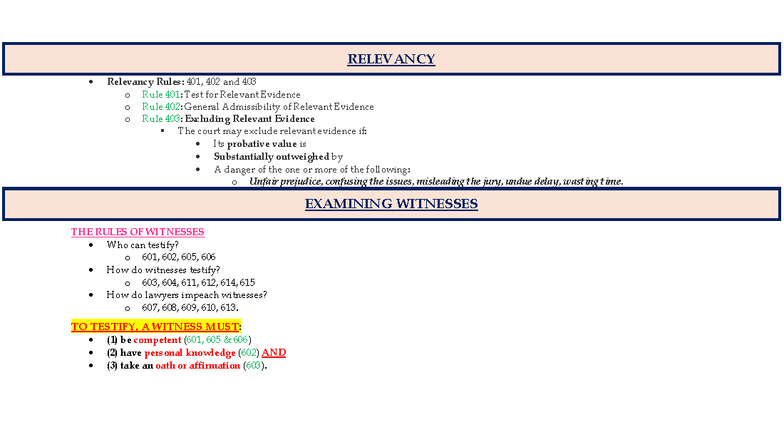 Evidence Attack Outline: Rules of Relevancy and Witness Testimony - Studocu