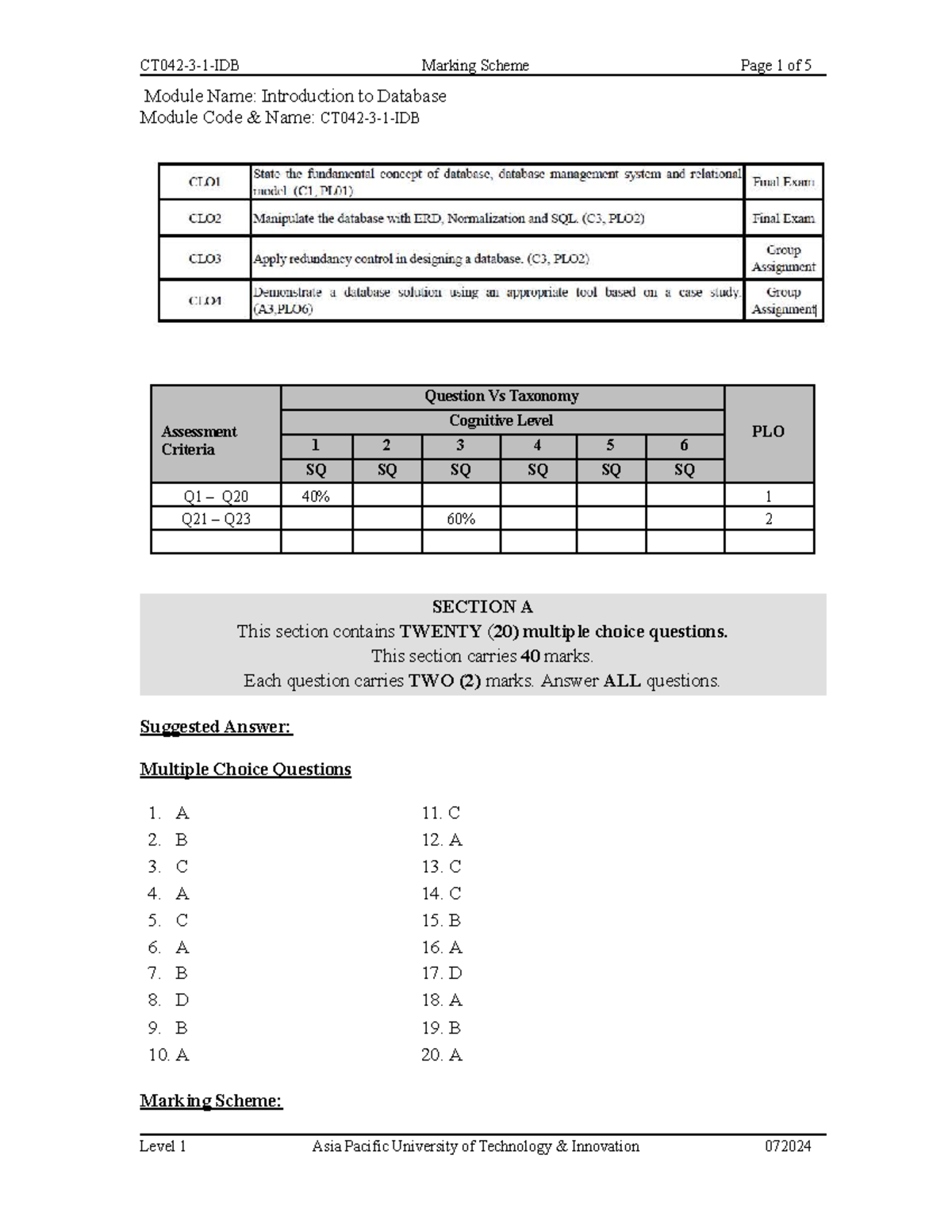 DB 072024 Final Exam July 2024 - Solutions and Marking Guide - Studocu