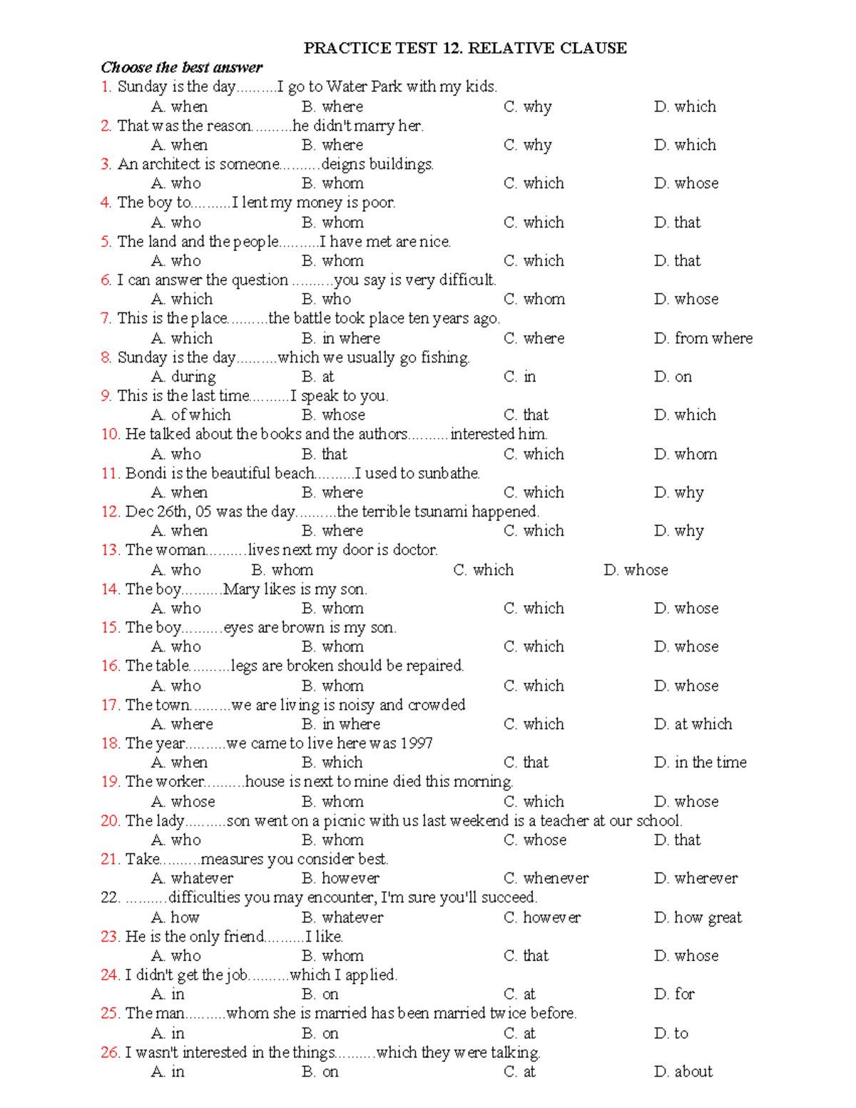 Practice Test 12: Relative Clauses Exercises and Answers - Studocu