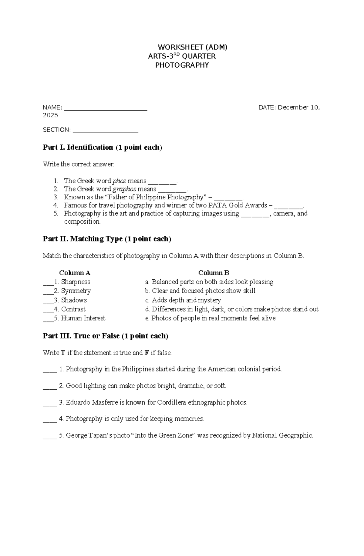 Worksheet ADM 3rd Quarter Photography Review - Dec 10, 2025 - Studocu