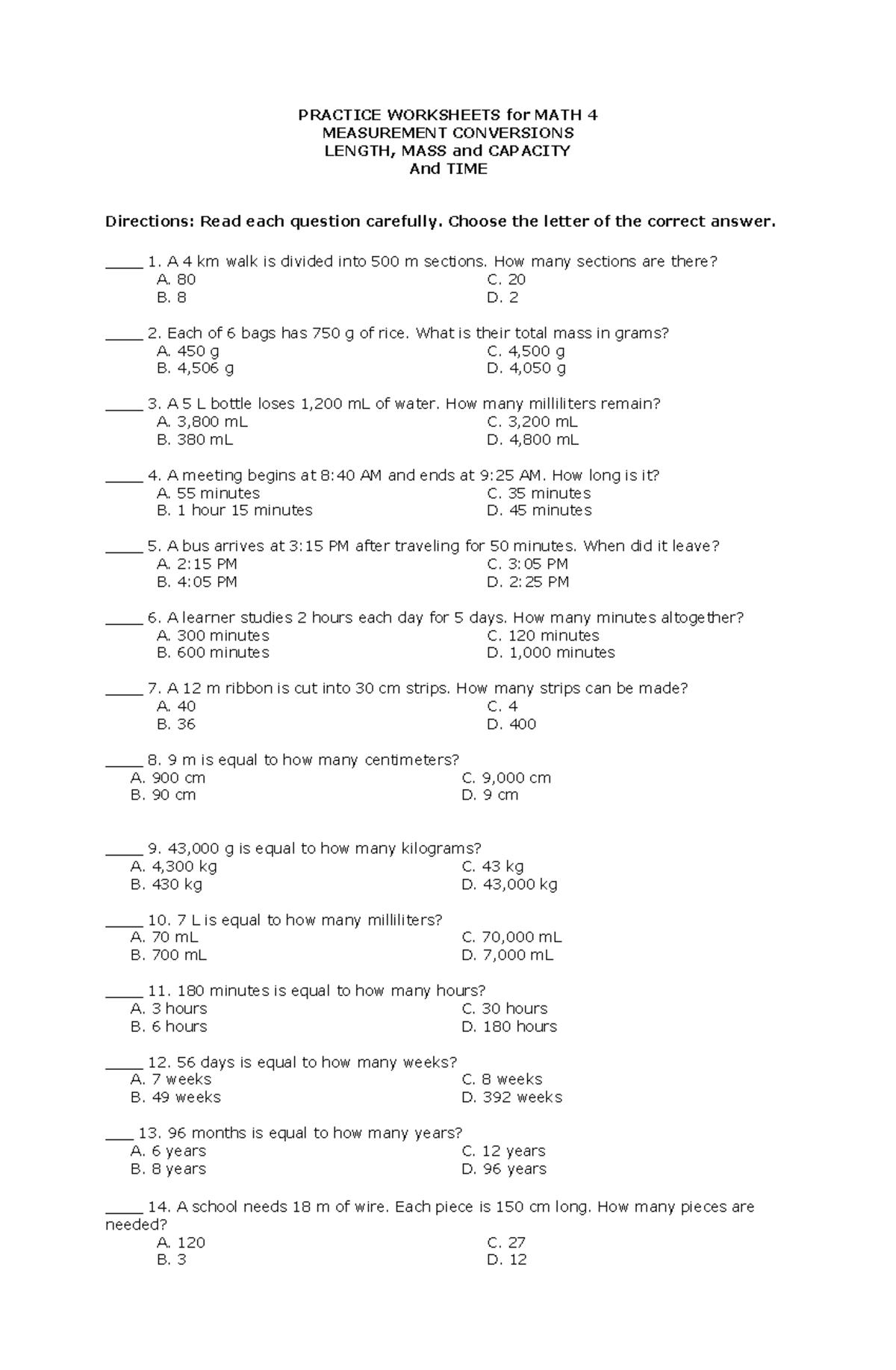 Practice Worksheets for MATH 4: Measurement Unit Conversions - Studocu