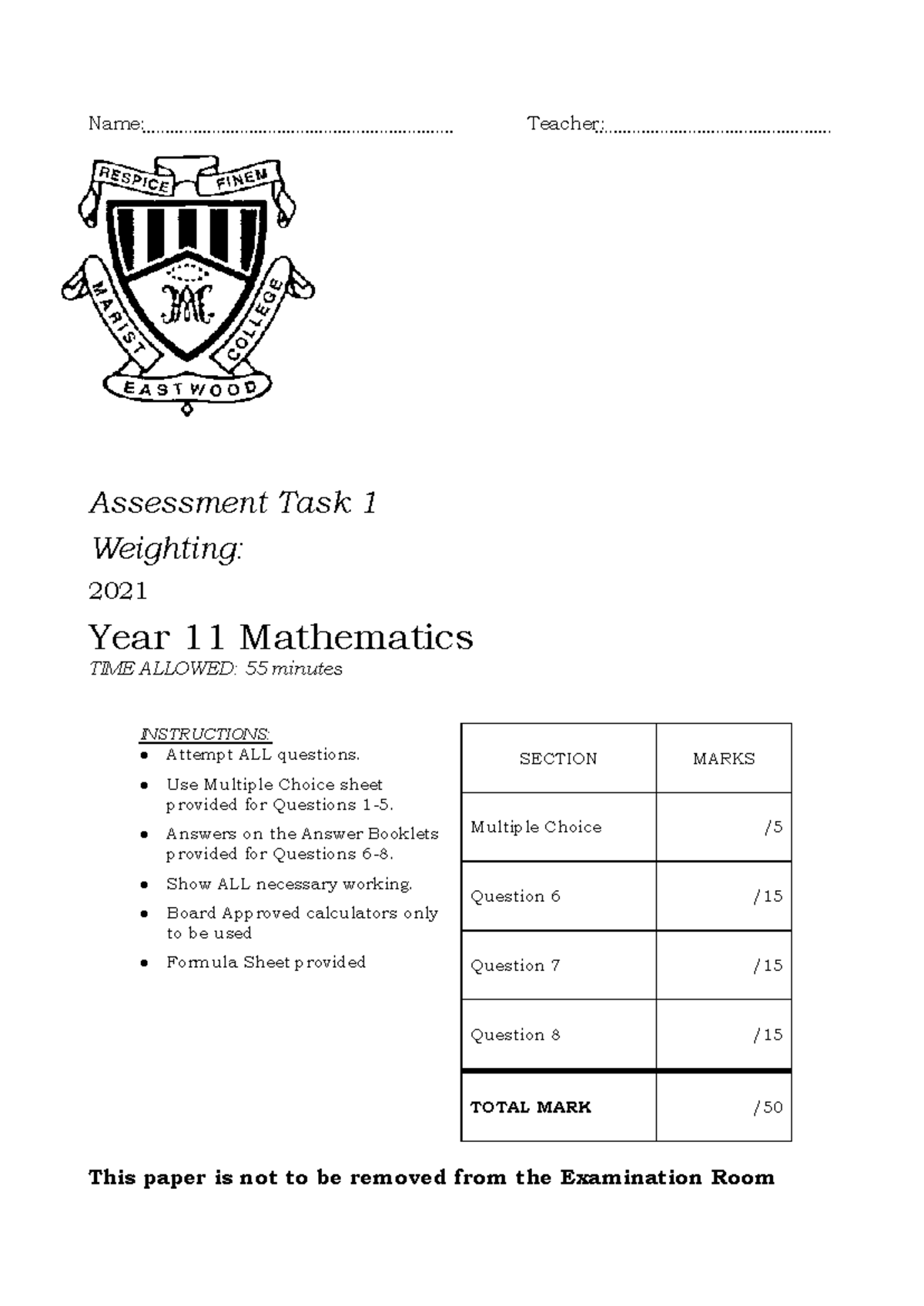 2021 Year 11 Mathematics Assessment Task 1 - Exam 1 - Studocu