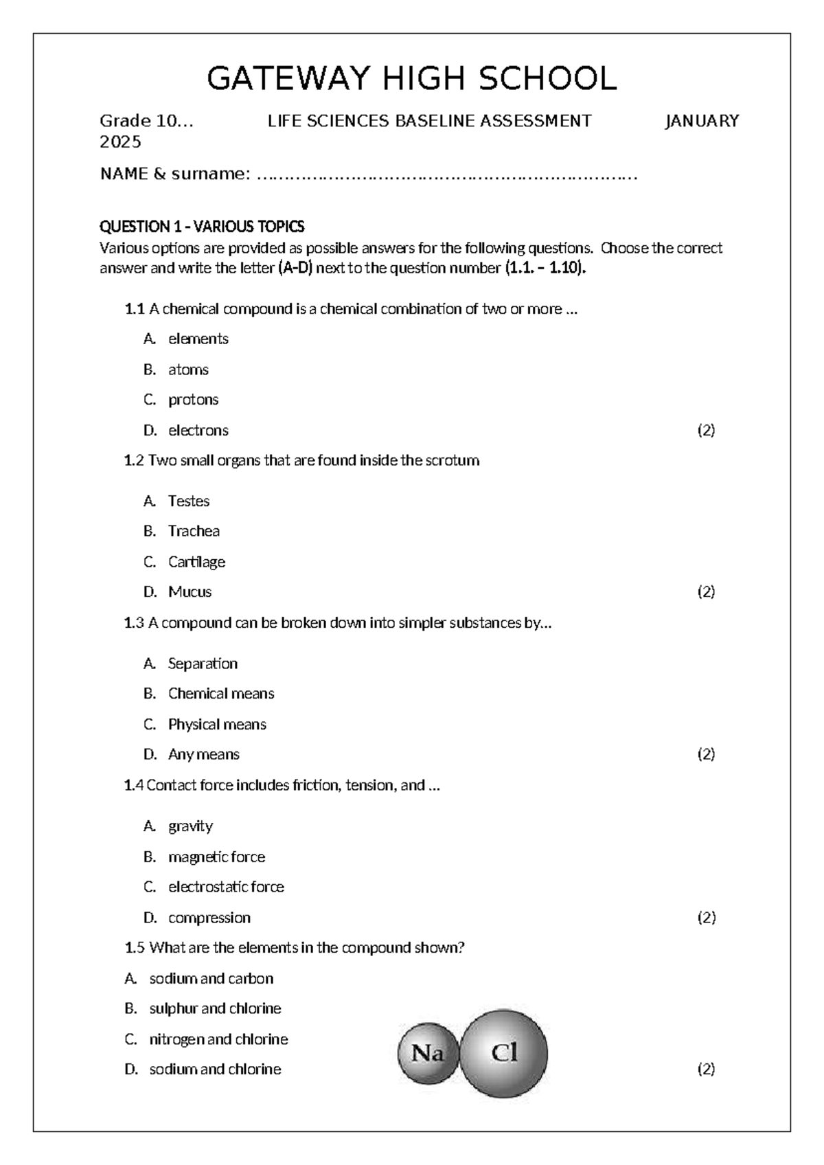 LIFE SCIENCES BASELINE ASSESSMENT GRADE 2025 - Studocu