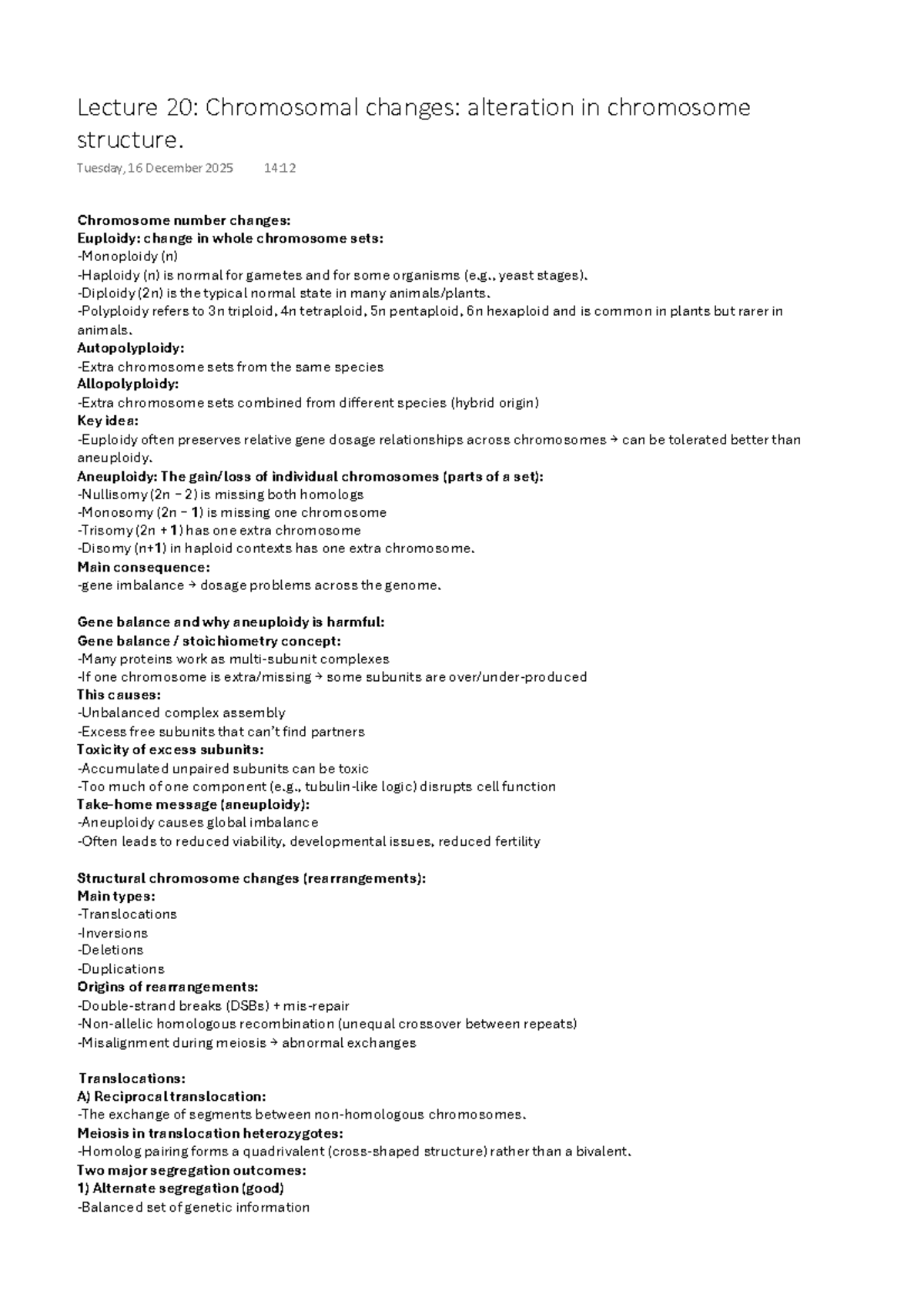 Lecture 20: Chromosomal Changes and Aneuploidy - Studocu