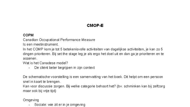 CMOP-E - Samenvatting van het Canadese Model voor Beoordeling - Studocu