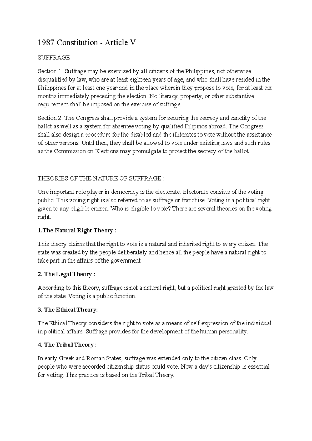 1987 Constitution - Article 5 (SUFFRAGE AND THEORIES OF THE NATURE OF ...