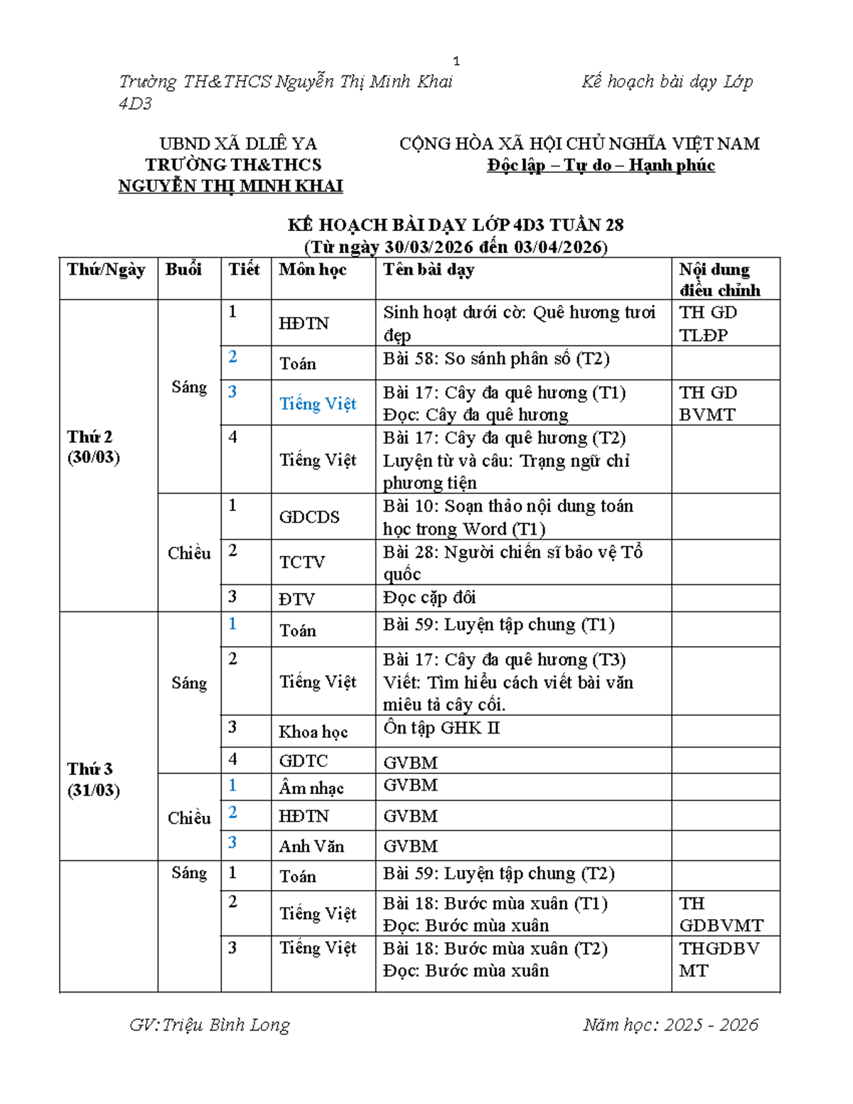 Kế Hoạch Bài Dạy Lớp 4D3 - Tuần 28: Sinh Hoạt và Toán Học - Studocu