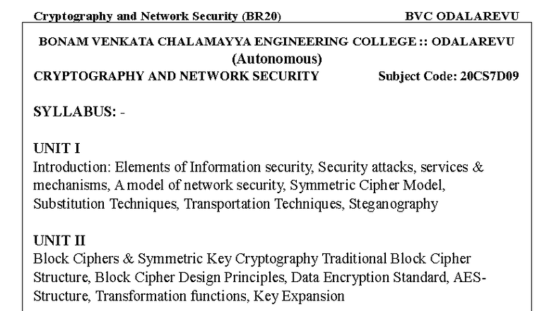 Cryptography and Network Security (BR20) CNS Unit 1 Overview - Studocu
