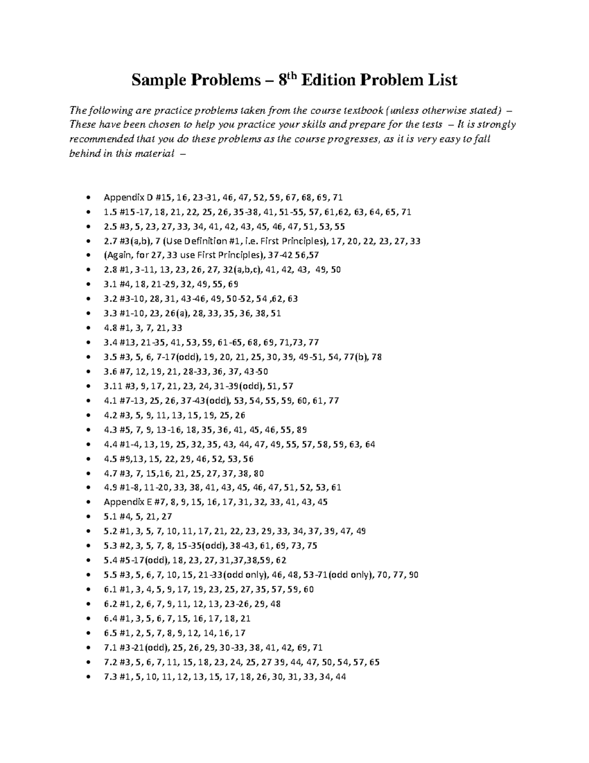 Practice Problems for 8th Edition - Problem List - Studocu