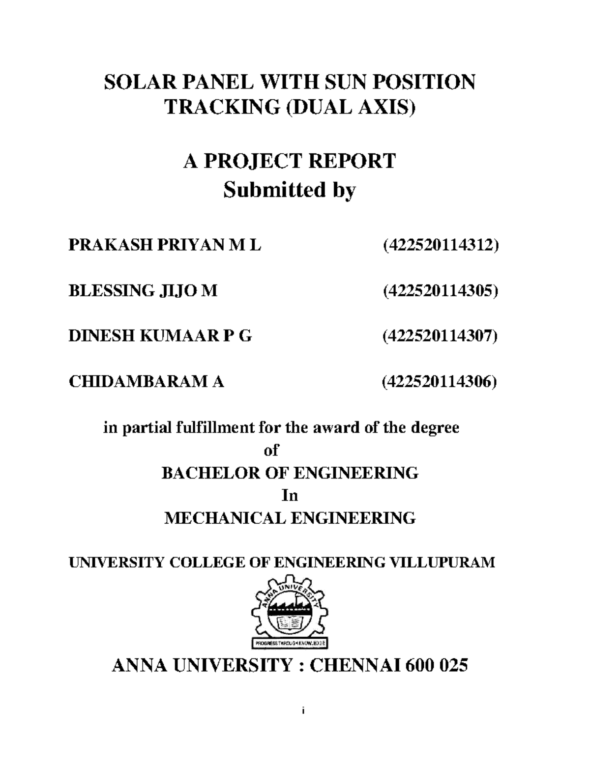 Final Project Report: Dual Axis Solar Panel Tracking System (ME-ENG ...