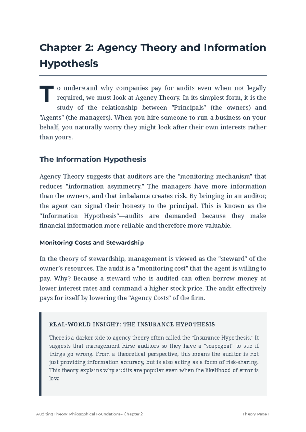 Chapter 2: Agency Theory & Information Hypothesis Insights - Studocu