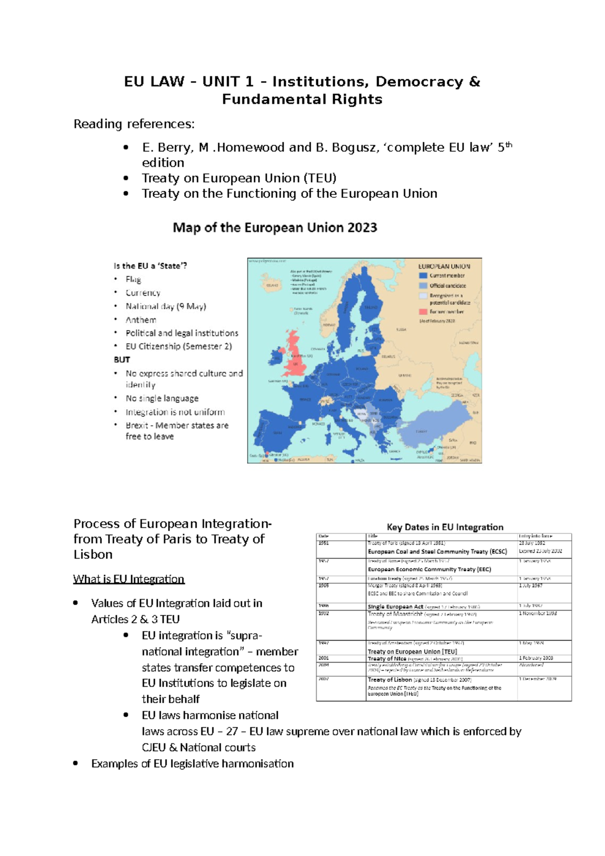 EU LAW Unit 1 - Notes on Institutions, Democracy & Fundamental Rights ...