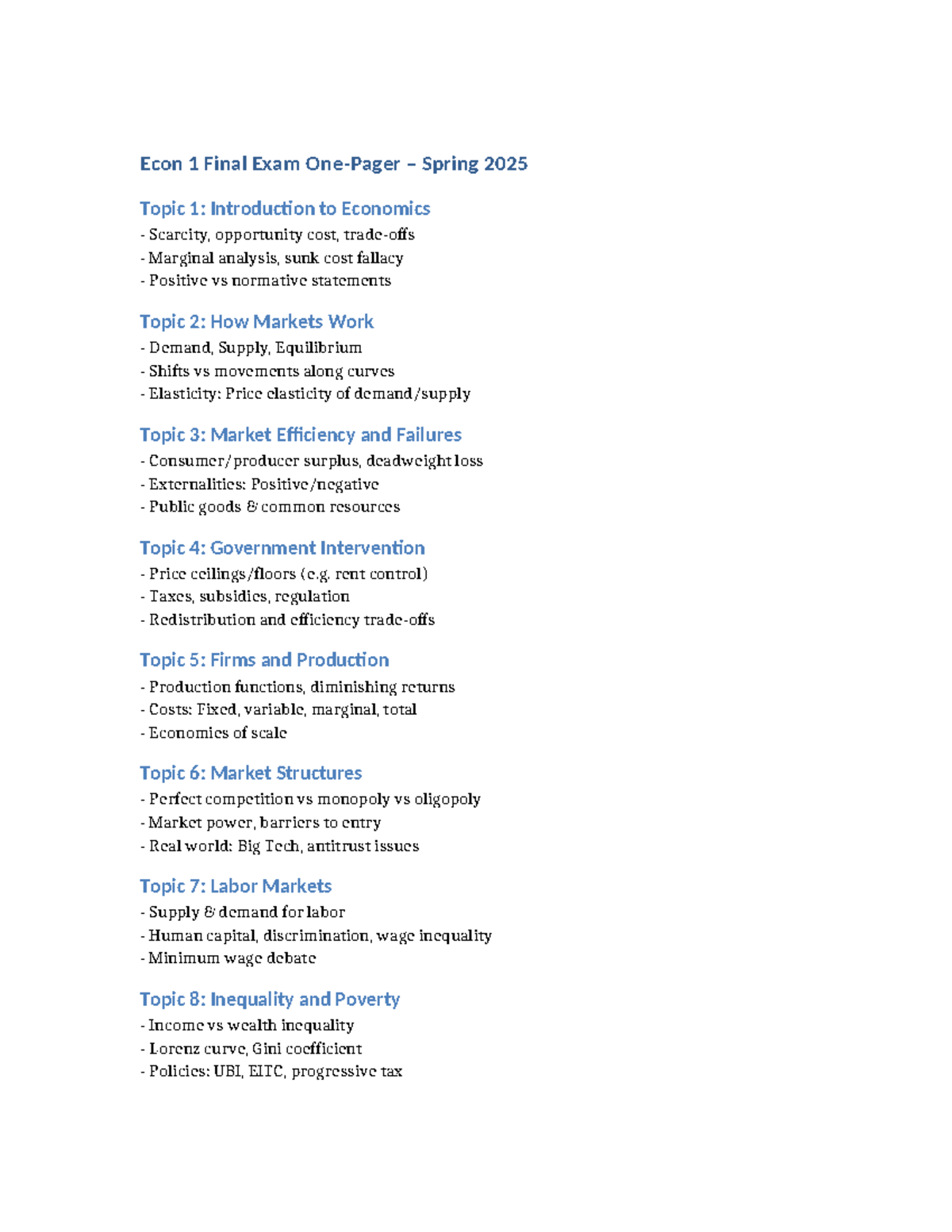 Econ 1 Final Exam Spring 2025: Comprehensive Overview of Key Topics ...