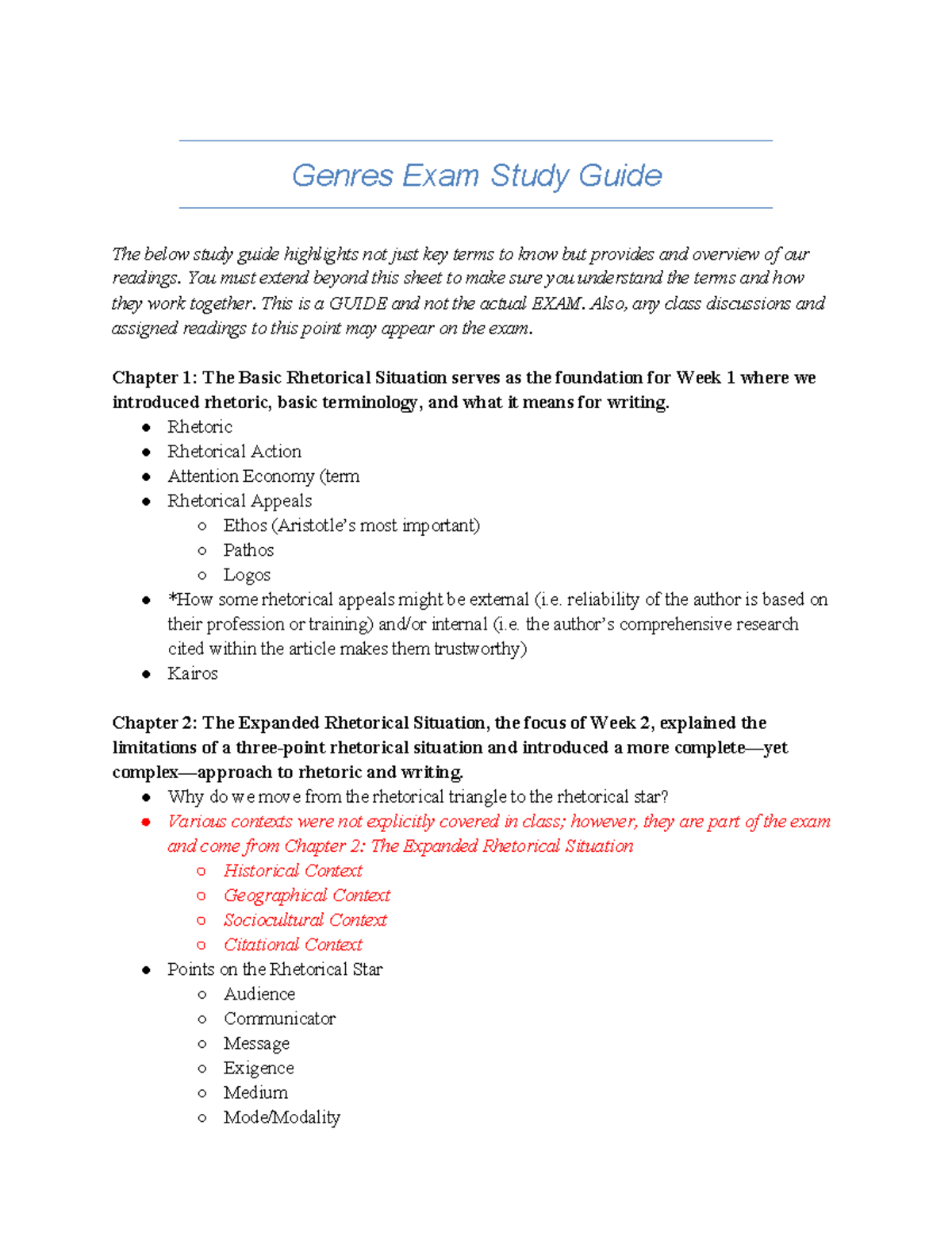 Genres Exam Study Guide - Key Terms & Rhetorical Concepts - Studocu