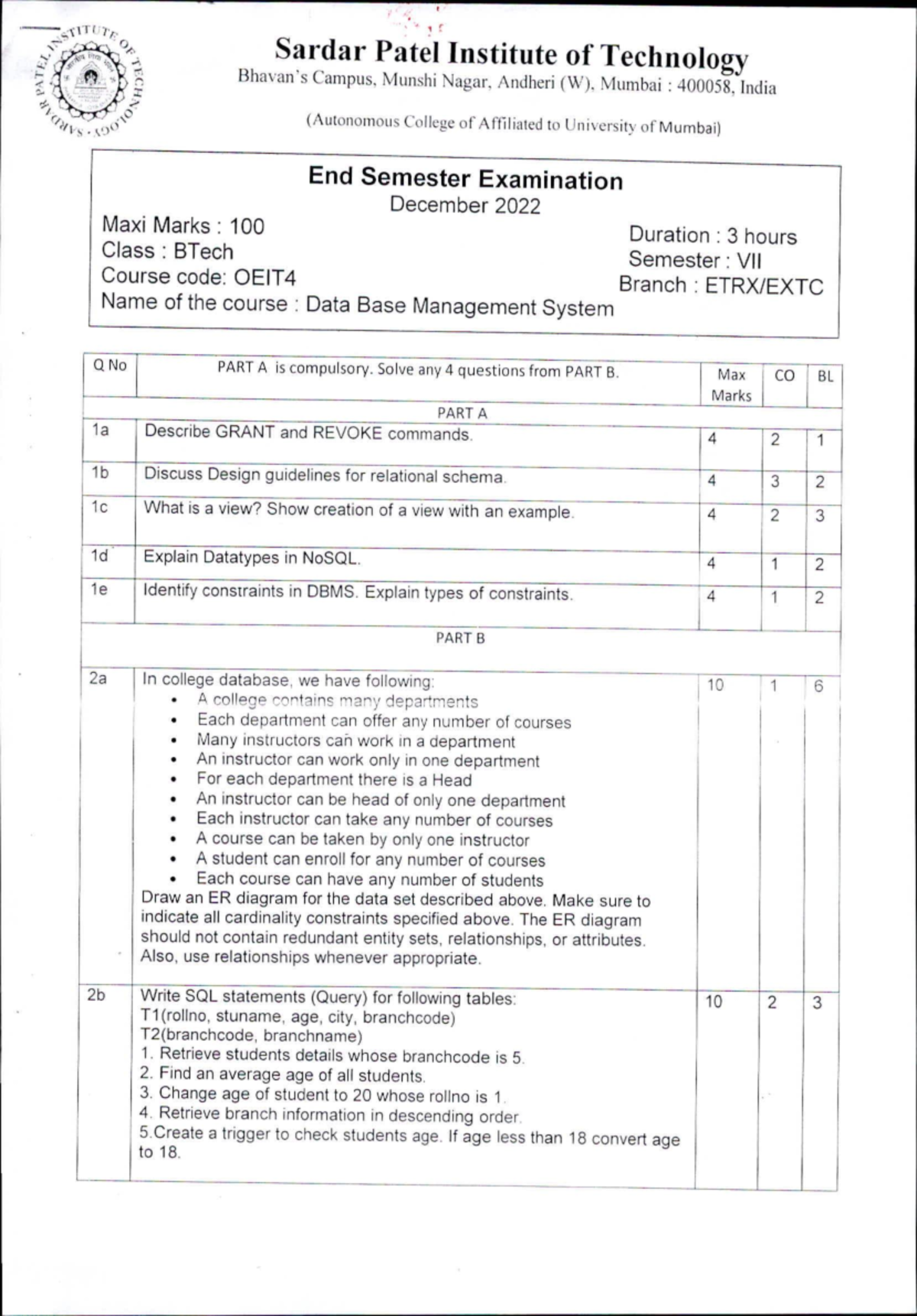 End Sem Exam - DBMS OEIT4 - BTech VII - Dec 2022 - Studocu