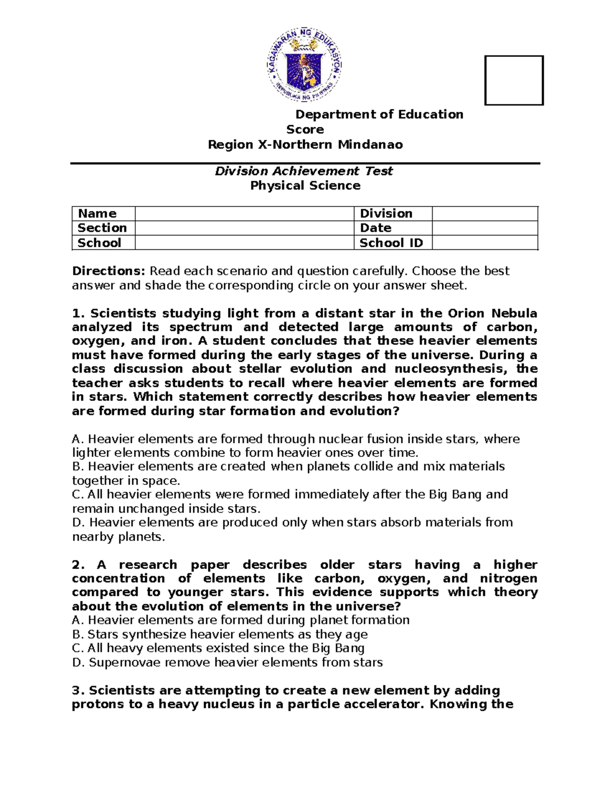 Physical Science DAT Final Exam Review: Mindanao Division Achievement ...